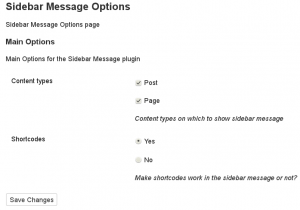 Admin options page - Sidebar Message WordPress plugin